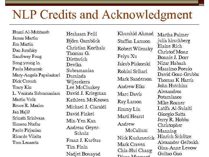NLP Credits and Acknowledgment Husni Al-Muhtaseb James Martin Jim Martin Dan Jurafsky Sandiway Fong