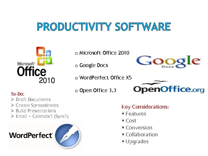 PRODUCTIVITY SOFTWARE o Microsoft Office 2010 o Google Docs o Word. Perfect Office X
