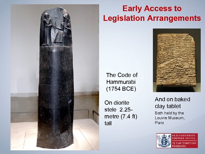 Early Access to Legislation Arrangements The Code of Hammurabi (1754 BCE) On diorite stele