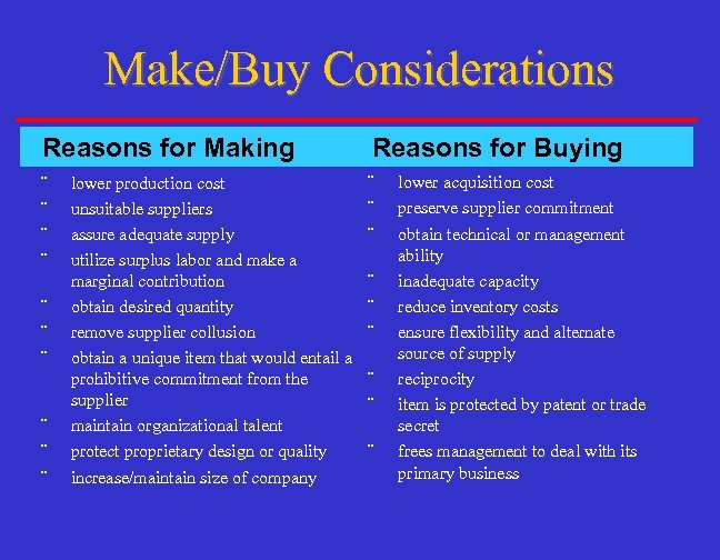 Make/Buy Considerations Reasons for Making Reasons for Buying ¨ ¨ ¨ ¨ lower production