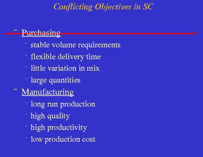 Conflicting Objectives in SC ¨ Purchasing stable volume requirements ¨ flexible delivery time ¨