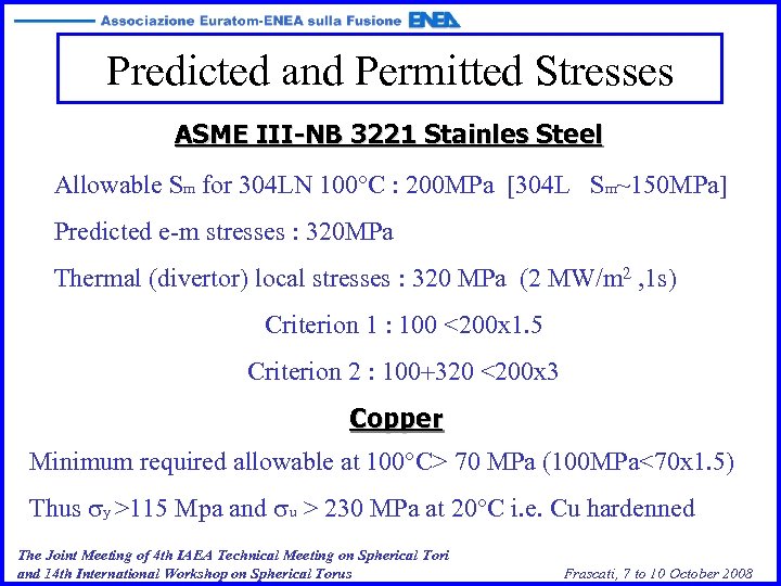 Predicted and Permitted Stresses ASME III-NB 3221 Stainles Steel Allowable Sm for 304 LN