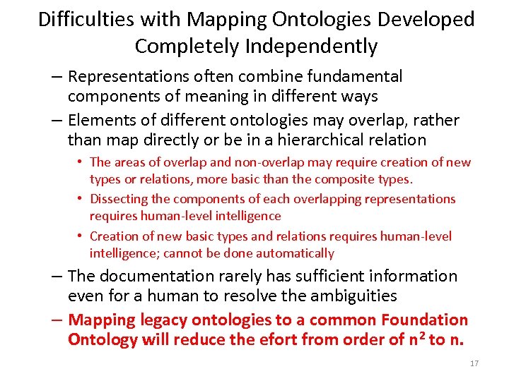 Difficulties with Mapping Ontologies Developed Completely Independently – Representations often combine fundamental components of
