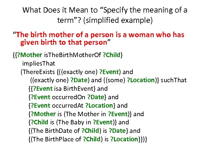 What Does it Mean to “Specify the meaning of a term”? (simplified example) “The