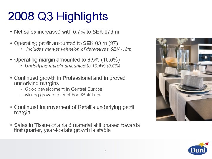 2008 Q 3 Highlights • Net sales increased with 0. 7% to SEK 973