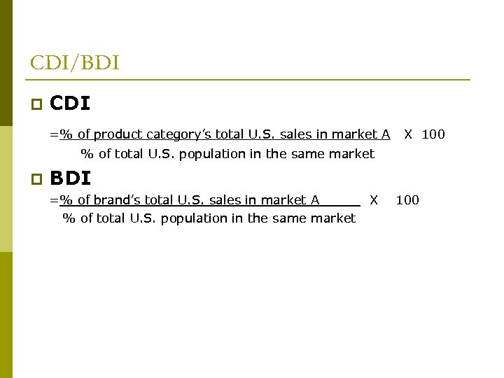 CDI/BDI p CDI =% of product category’s total U. S. sales in market A