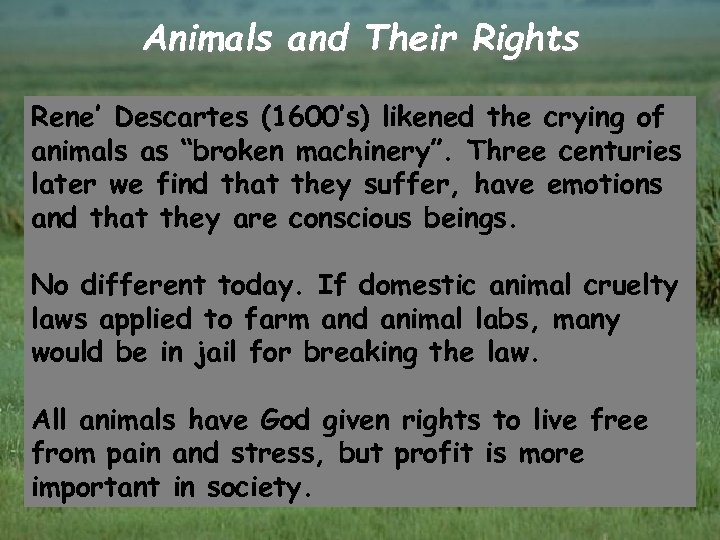 Animals and Their Rights Rene’ Descartes (1600’s) likened the crying of animals as “broken