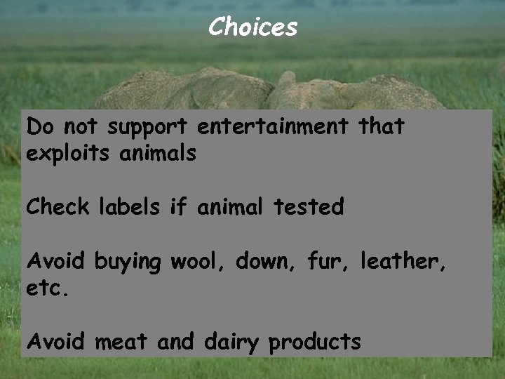 Choices Do not support entertainment that exploits animals Check labels if animal tested Avoid