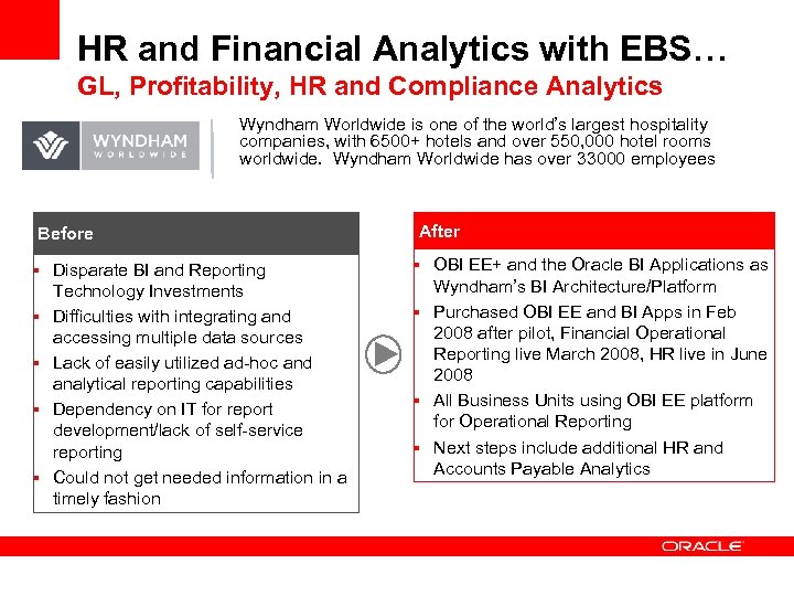 HR and Financial Analytics with EBS… GL, Profitability, HR and Compliance Analytics Wyndham Worldwide