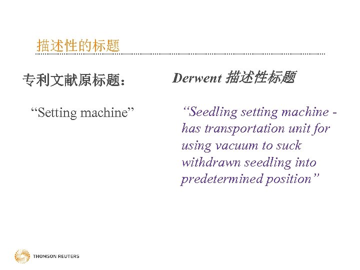 描述性的标题 专利文献原标题： “Setting machine” Derwent 描述性标题 “Seedling setting machine has transportation unit for using