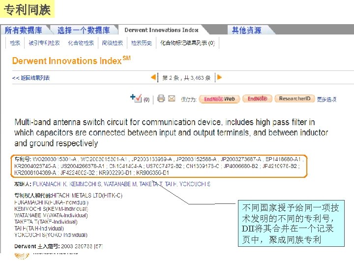 专利同族 不同国家授予给同一项技 术发明的不同的专利号， DII将其合并在一个记录 页中，聚成同族专利 