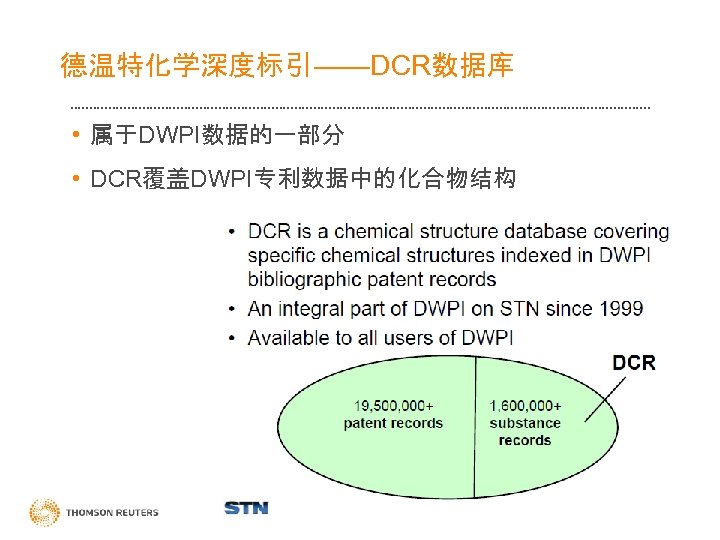 德温特化学深度标引 ——DCR数据库 • 属于DWPI数据的一部分 • DCR覆盖DWPI专利数据中的化合物结构 