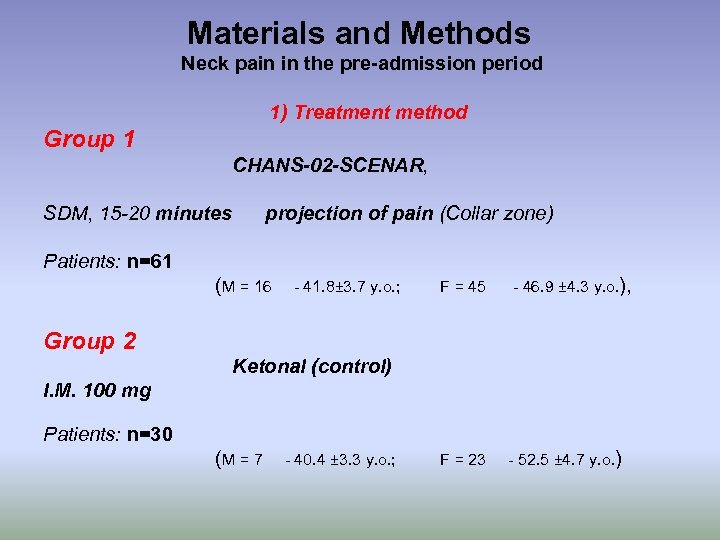 Materials and Methods Neck pain in the pre-admission period 1) Treatment method Group 1