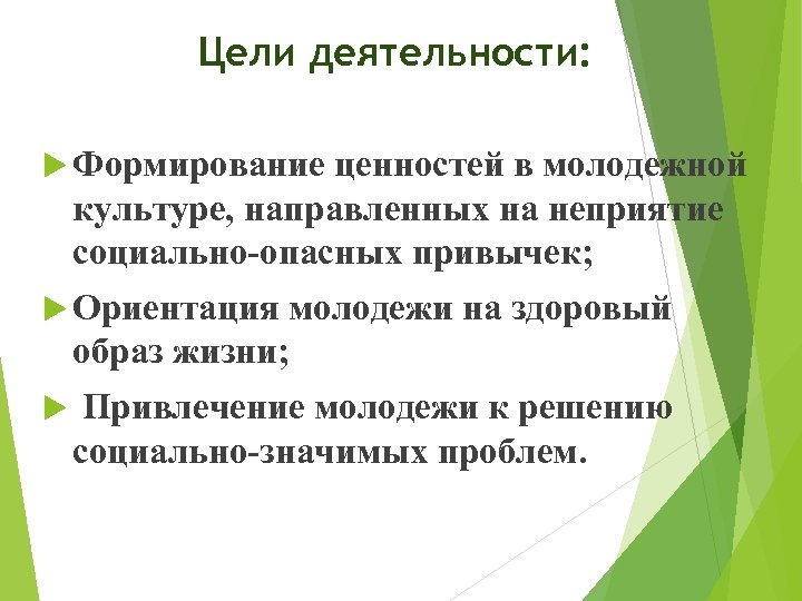 Цели деятельности: Формирование ценностей в молодежной культуре, направленных на неприятие социально-опасных привычек; Ориентация молодежи