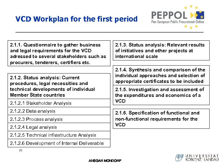 VCD Workplan for the first period 2. 1. 1. Questionnaire to gather business and