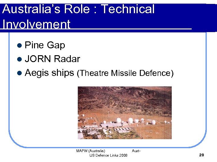 Australia’s Role : Technical Involvement l Pine Gap l JORN Radar l Aegis ships