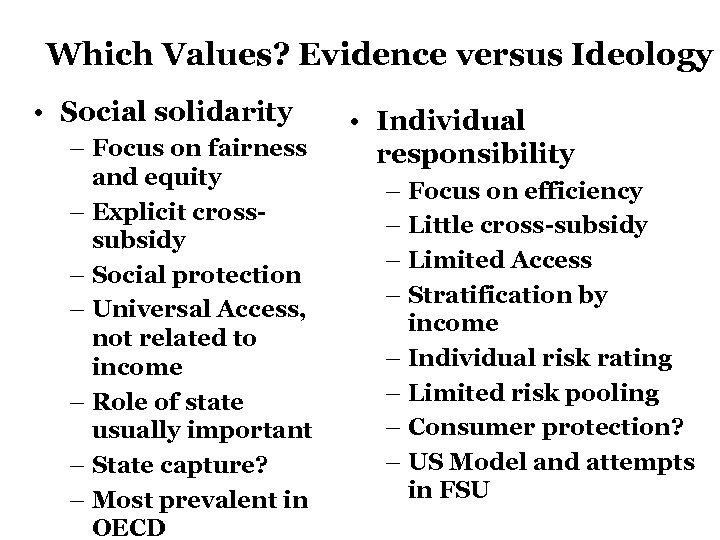 Which Values? Evidence versus Ideology • Social solidarity – Focus on fairness and equity