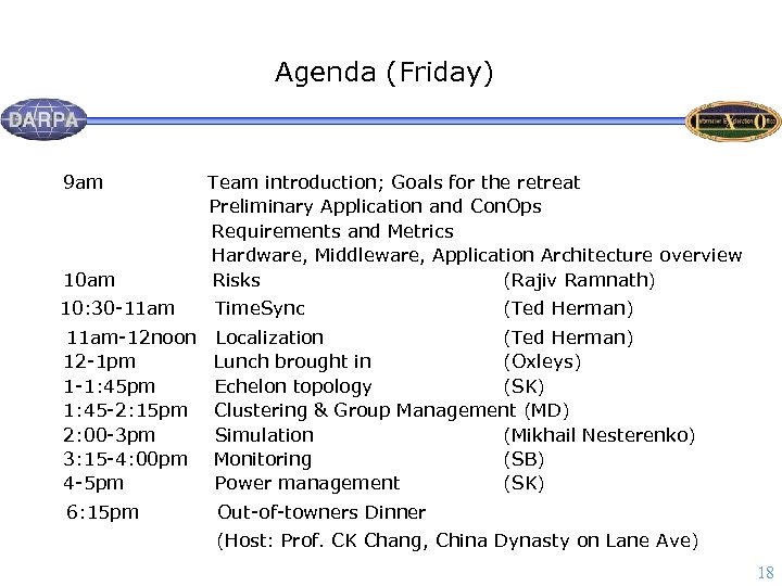 Agenda (Friday) 9 am Team introduction; Goals for the retreat Preliminary Application and Con.