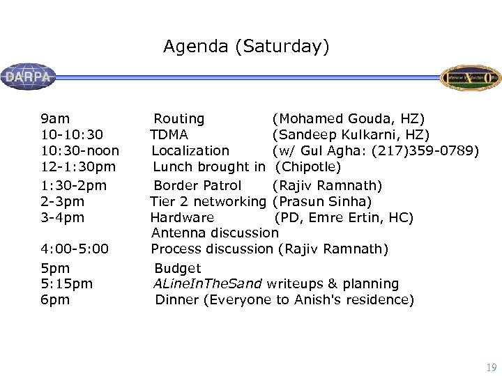 Agenda (Saturday) 9 am Routing (Mohamed Gouda, HZ) 10 -10: 30 TDMA (Sandeep Kulkarni,