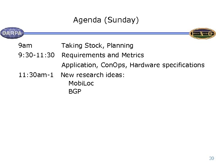 Agenda (Sunday) 9 am Taking Stock, Planning 9: 30 -11: 30 Requirements and Metrics