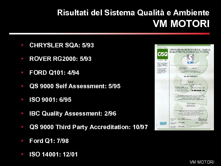 Risultati del Sistema Qualità e Ambiente VM MOTORI • CHRYSLER SQA: 5/93 • ROVER