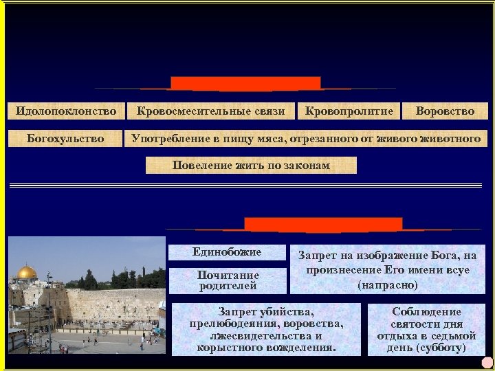 Идолопоклонство Богохульство Кровосмесительные связи Кровопролитие Воровство Употребление в пищу мяса, отрезанного от живого животного