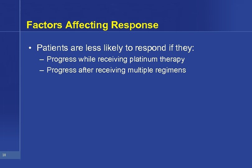 Factors Affecting Response • Patients are less likely to respond if they: – Progress