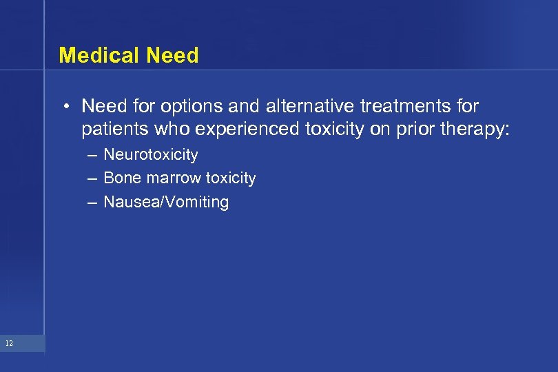 Medical Need • Need for options and alternative treatments for patients who experienced toxicity