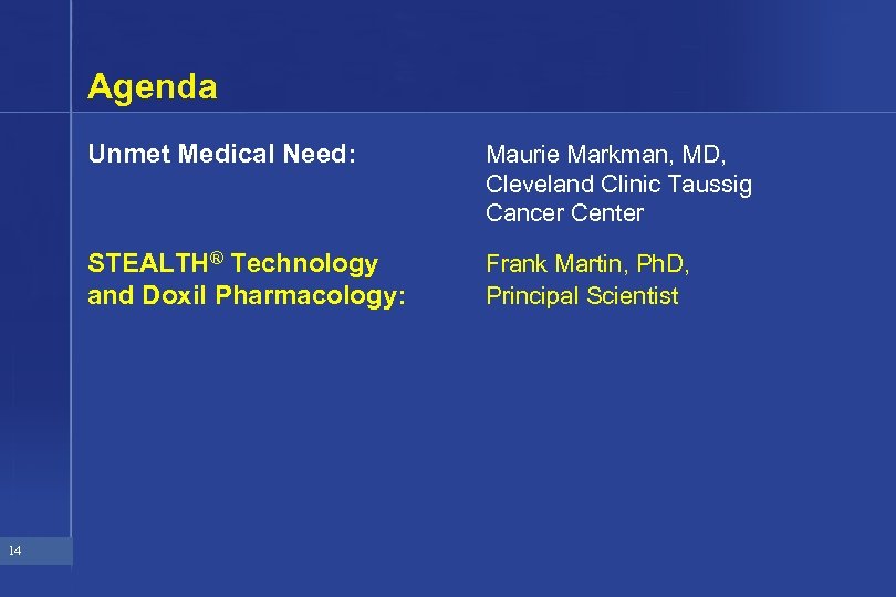 Agenda Unmet Medical Need: STEALTH® Technology and Doxil Pharmacology: 14 Maurie Markman, MD, Cleveland