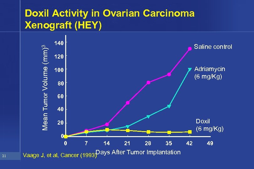 Mean Tumor Volume (mm)3 Doxil Activity in Ovarian Carcinoma Xenograft (HEY) 140 120 Adriamycin