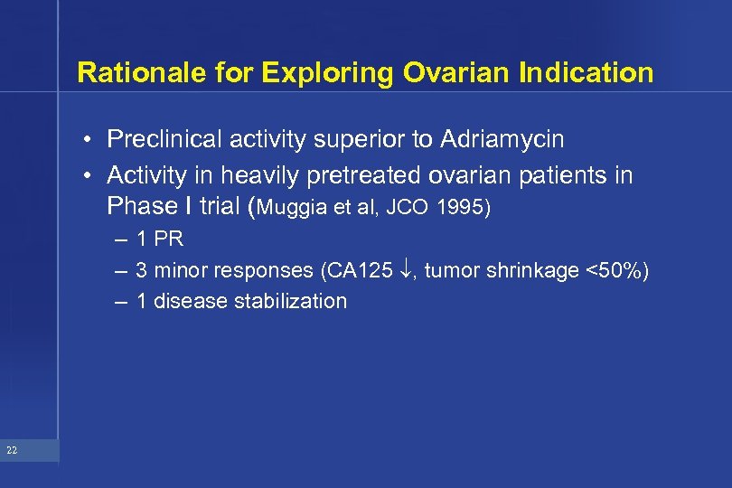 Rationale for Exploring Ovarian Indication • Preclinical activity superior to Adriamycin • Activity in