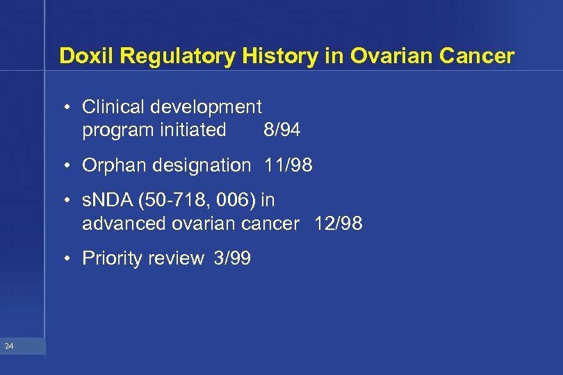 Doxil Regulatory History in Ovarian Cancer • Clinical development program initiated 8/94 • Orphan