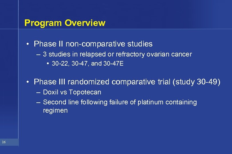 Program Overview • Phase II non-comparative studies – 3 studies in relapsed or refractory