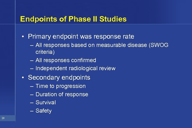Endpoints of Phase II Studies • Primary endpoint was response rate – All responses