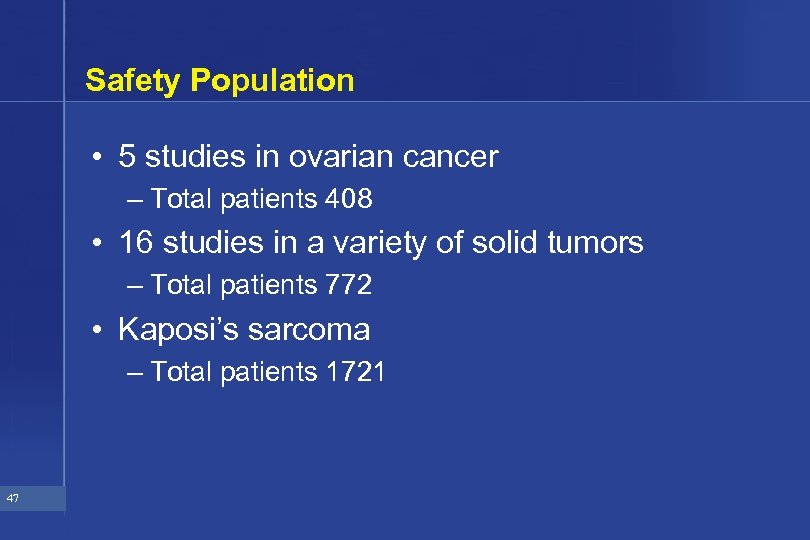 Safety Population • 5 studies in ovarian cancer – Total patients 408 • 16