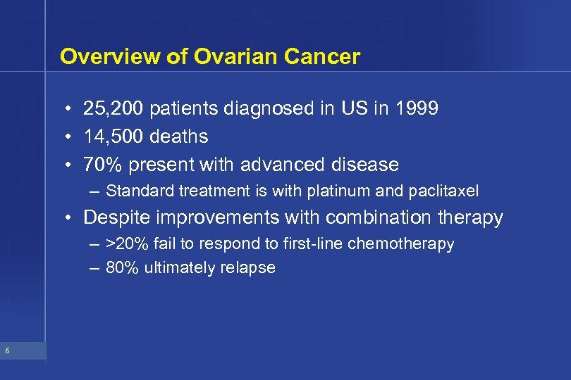 Overview of Ovarian Cancer • 25, 200 patients diagnosed in US in 1999 •