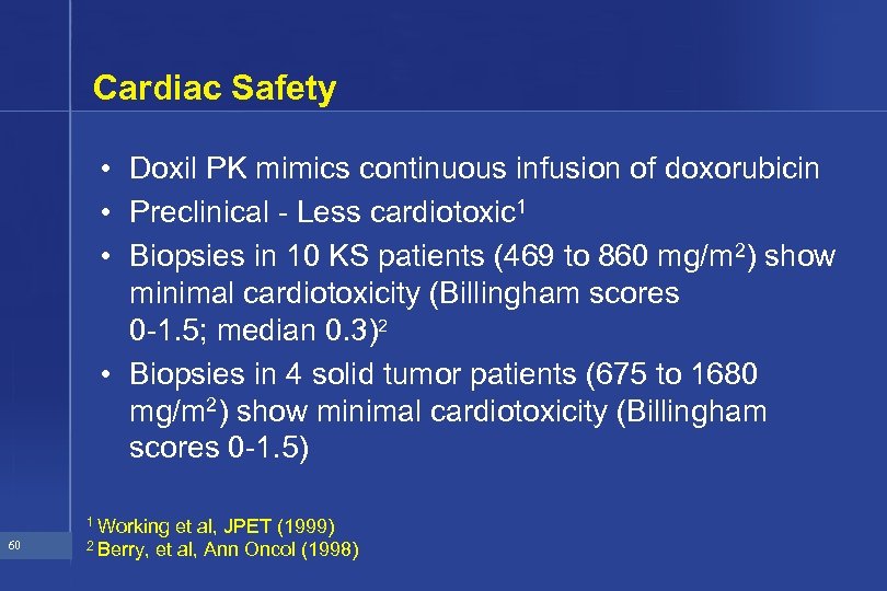Cardiac Safety • Doxil PK mimics continuous infusion of doxorubicin • Preclinical - Less