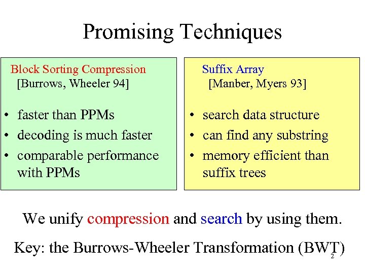 Promising Techniques Block Sorting Compression [Burrows, Wheeler 94] • faster than PPMs • decoding