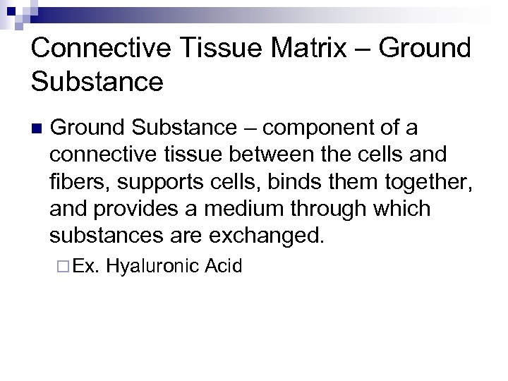 Connective Tissue Matrix – Ground Substance n Ground Substance – component of a connective