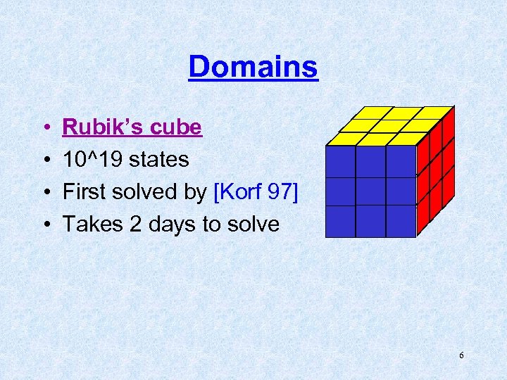 Domains • • Rubik’s cube 10^19 states First solved by [Korf 97] Takes 2