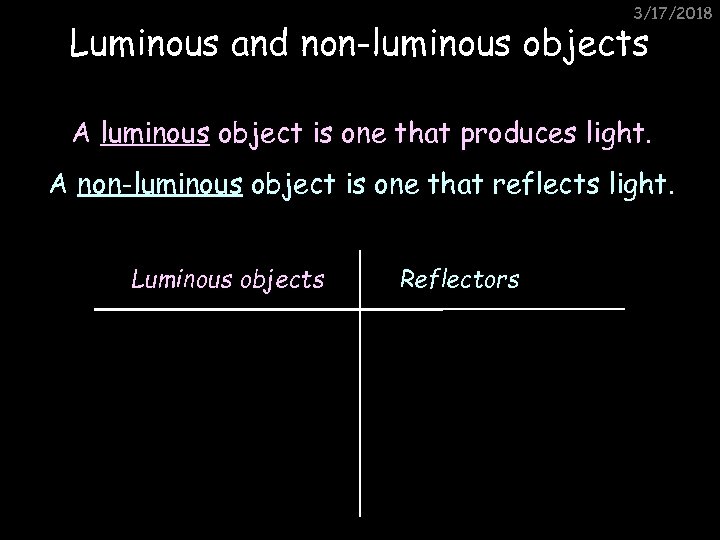3/17/2018 Luminous and non-luminous objects A luminous object is one that produces light. A