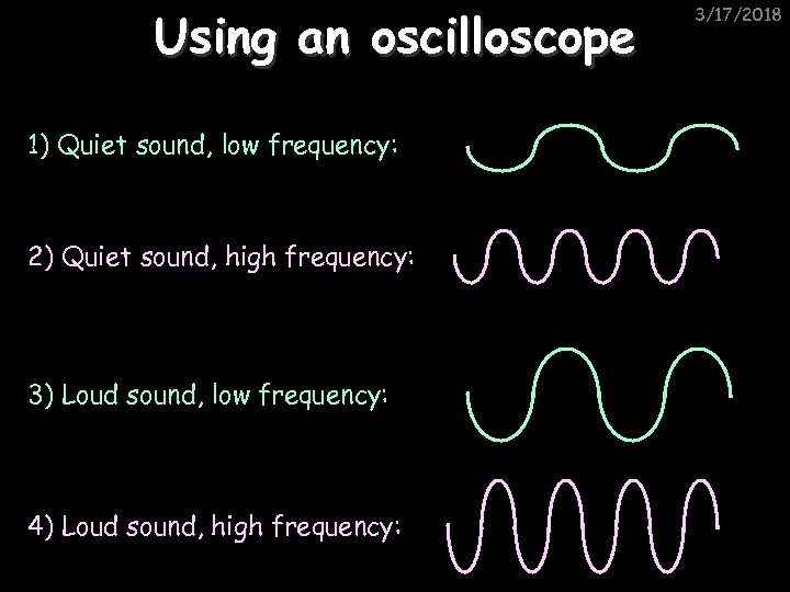 Using an oscilloscope 1) Quiet sound, low frequency: 2) Quiet sound, high frequency: 3)
