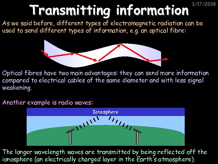 Transmitting information 3/17/2018 As we said before, different types of electromagnetic radiation can be