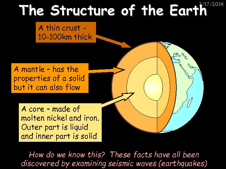 The Structure of the Earth 3/17/2018 A thin crust 10 -100 km thick A