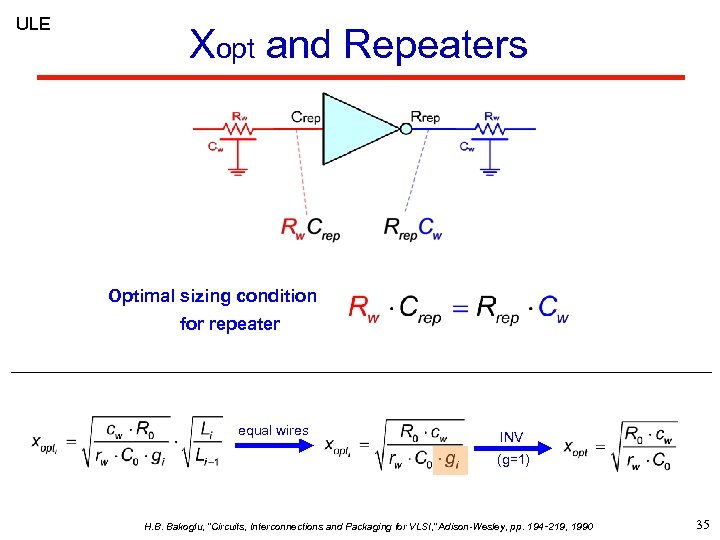 ULE Xopt and Repeaters Optimal sizing condition for repeater equal wires INV (g=1) H.