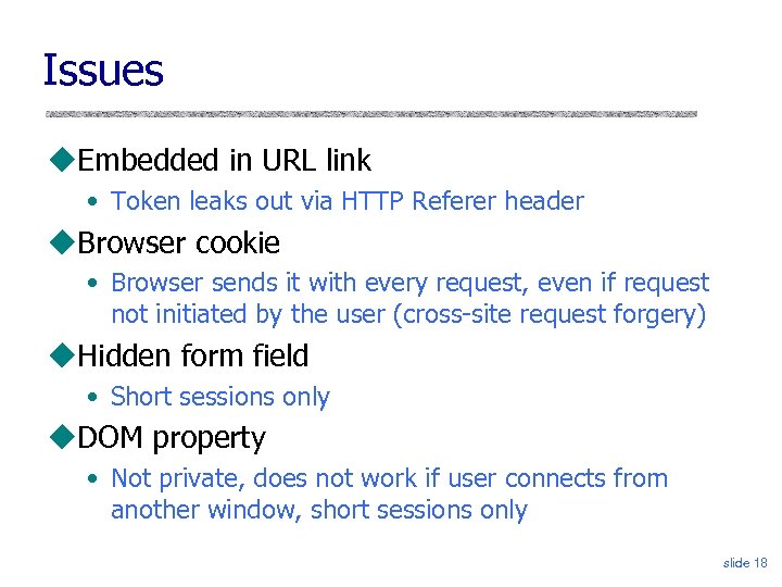 Issues Embedded in URL link • Token leaks out via HTTP Referer header Browser