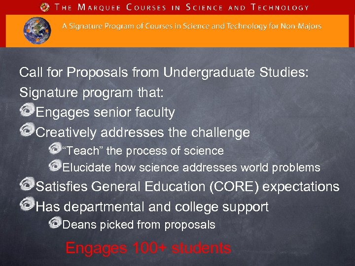 Call for Proposals from Undergraduate Studies: Signature program that: Engages senior faculty Creatively addresses
