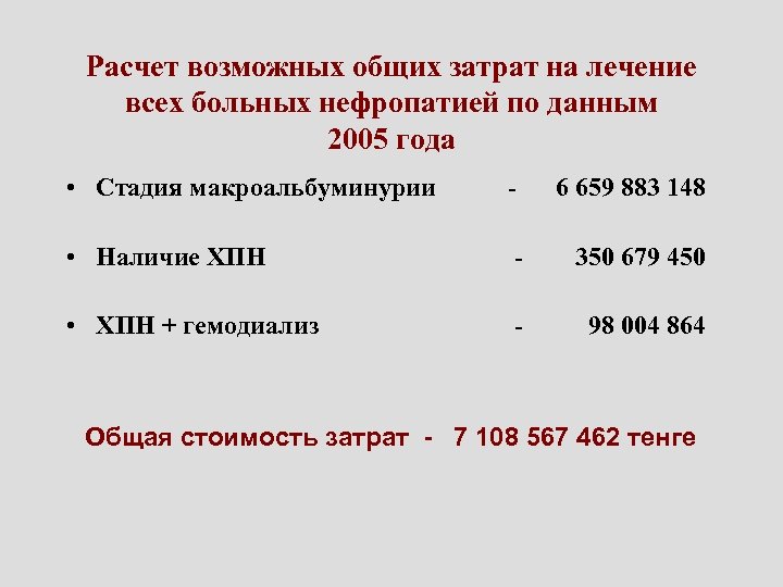 Расчет возможных общих затрат на лечение всех больных нефропатией по данным 2005 года •