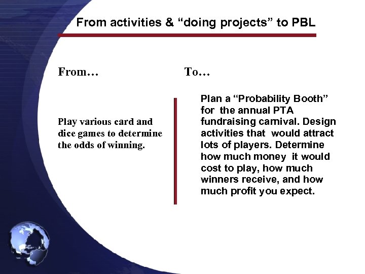 From activities & “doing projects” to PBL From… Play various card and dice games