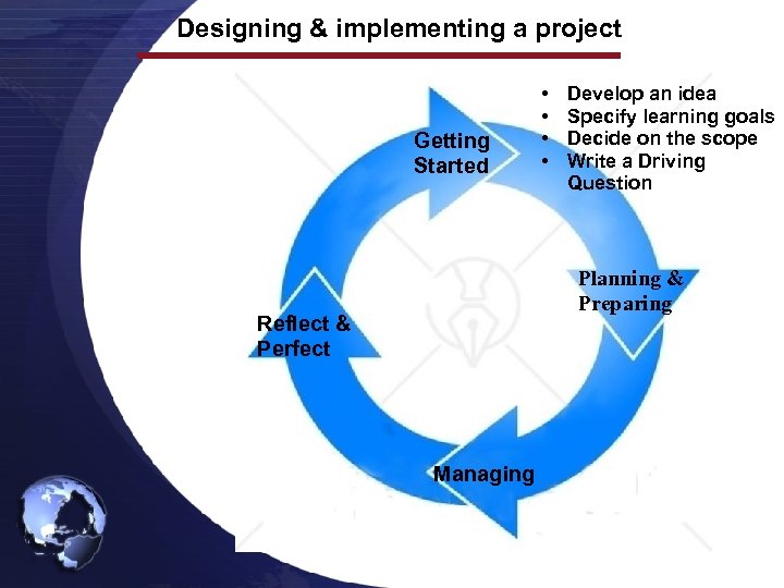 Designing & implementing a project Getting Started • • Develop an idea Specify learning